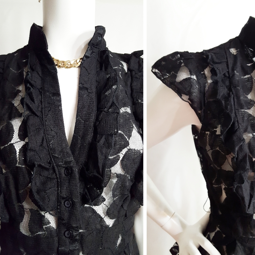 90's-Y2K💋Seductions🖤Black Floral Sheer Ruffle Frill Peplum Top - Picture 5 of 9